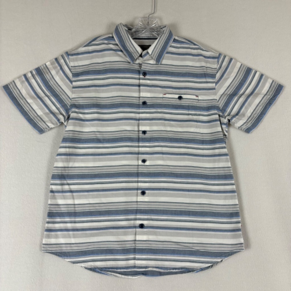 Grizzly Mountain Men's Short Sleeve Woven Shirt L White, Blue and Gray Stripes